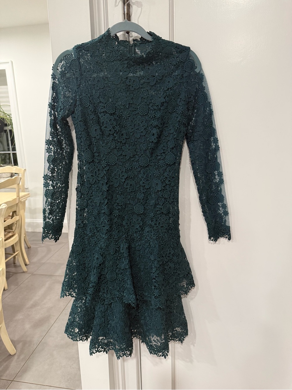 Teri Jon Rickie Freeman Lace Tiered Long-Sleeve Formal Dress Deep Green Size 2 - Picture 2 of 14